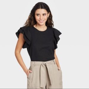 A New Day Black Linen Ruffle Sleeve Top, Sz. M